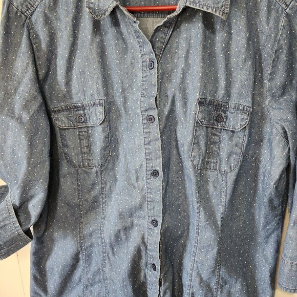 Apt 9 Womens Denim Chambray Polka Dot Button Up Shirt XL Roll Tab Sleeves Cotton - Picture 4 of 10